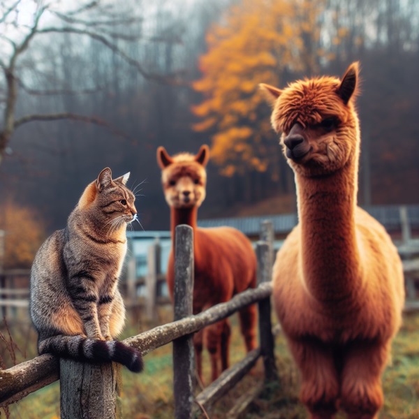Tabby Cat saying hello to Alpacas on Late Autumn Day