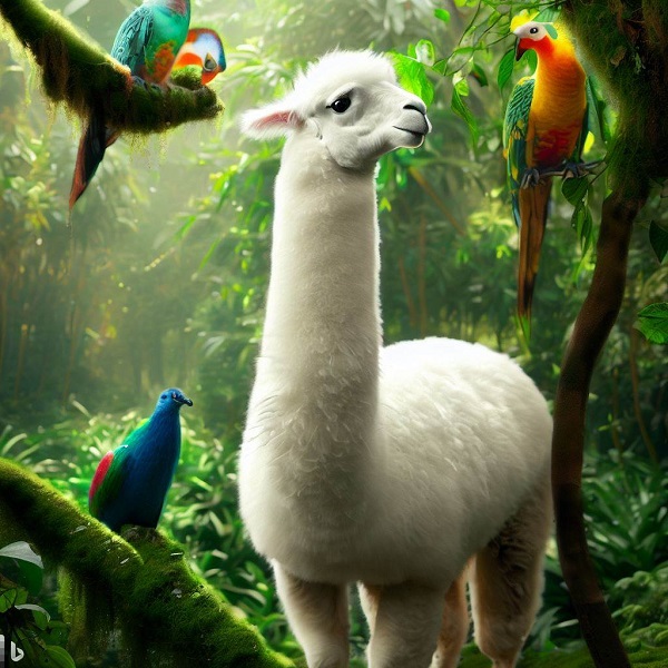 Alpaca standing in Rain Forest with Parrots